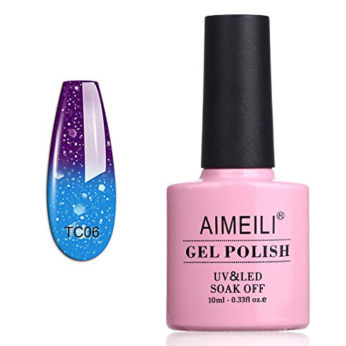 AIMEILI Esmalte Semipermanente De Uñas Temperatura Cambio De Color Camaleón Soak Off UV LED Uñas De Gel - Glitter Purple to Glitter Blue Full Shimmer/Diamond (TC06) 10ml