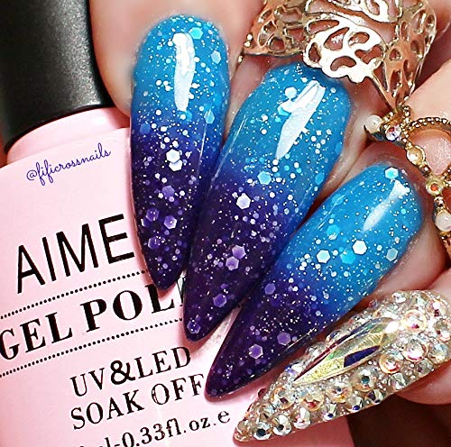 AIMEILI Esmalte Semipermanente De Uñas Temperatura Cambio De Color Camaleón Soak Off UV LED Uñas De Gel - Glitter Purple to Glitter Blue Full Shimmer/Diamond (TC06) 10ml