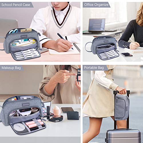 Aiscool Estuche para lápices de gran capacidad, gran capacidad para guardar bolígrafos, estuche, organizador de artículos de papelería con cremallera para la escuela y suministros de oficina (Gris)