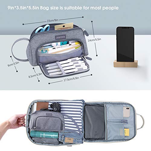 Aiscool Estuche para lápices de gran capacidad, gran capacidad para guardar bolígrafos, estuche, organizador de artículos de papelería con cremallera para la escuela y suministros de oficina (Gris)