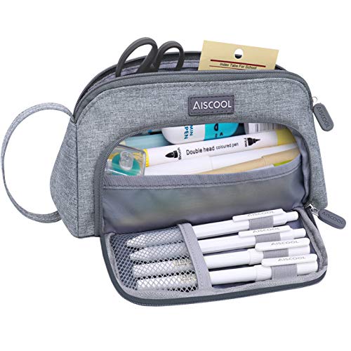 Aiscool Estuche para lápices de gran capacidad, gran capacidad para guardar bolígrafos, estuche, organizador de artículos de papelería con cremallera para la escuela y suministros de oficina (Gris)