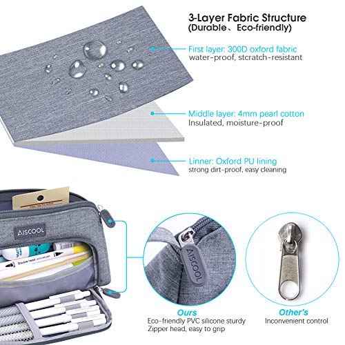 Aiscool Estuche para lápices de gran capacidad, gran capacidad para guardar bolígrafos, estuche, organizador de artículos de papelería con cremallera para la escuela y suministros de oficina (Gris)