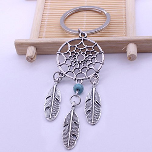 AIUIN 1X Llaveros de Acero Inoxidable Colgante en Atrapasueños y Hojas Llavero de Cadena Accesorios Decoración(con un Bolso de joyería) (Azul)