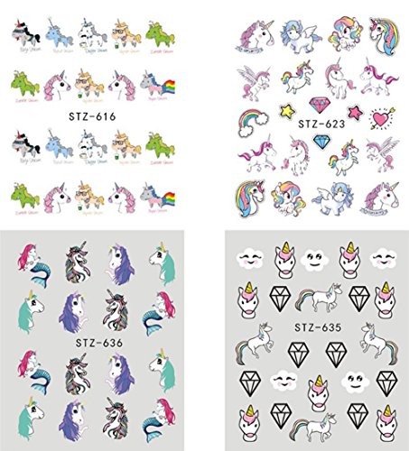 AIUIN 9 Piezas Pegatina de Uñas Patrón de Dibujos Animados Sirena y Unicornio Guías de Clavar Tip Pegatinas Conjunto con Uñas de Manicura