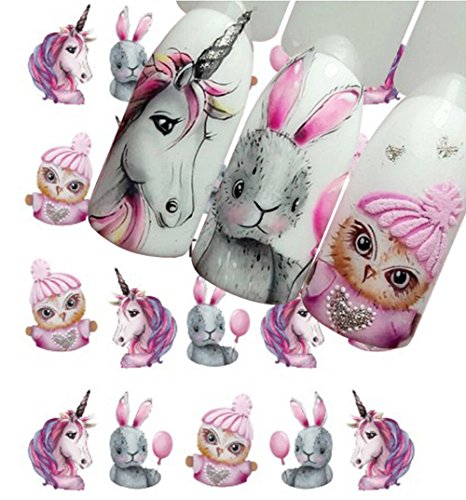 AIUIN 9 Piezas Pegatina de Uñas Patrón de Dibujos Animados Sirena y Unicornio Guías de Clavar Tip Pegatinas Conjunto con Uñas de Manicura