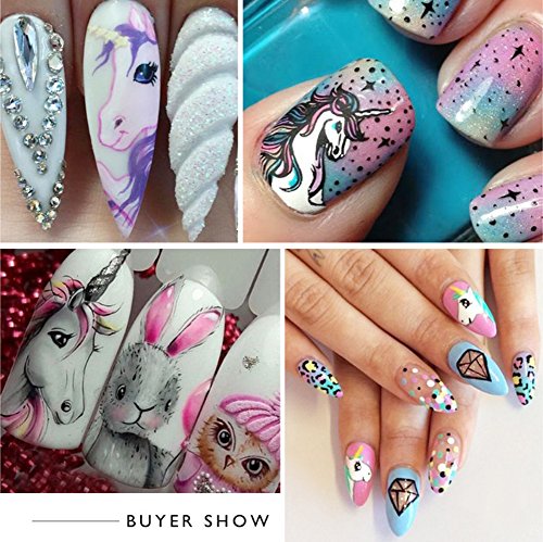 AIUIN 9 Piezas Pegatina de Uñas Patrón de Dibujos Animados Sirena y Unicornio Guías de Clavar Tip Pegatinas Conjunto con Uñas de Manicura