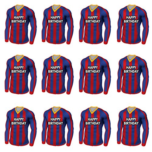 AK Giftshop - Comestibles de camisetas de fútbol para cupcakes o tartas de cumpleaños, diseño de rayas azules y rojas (12 unidades)