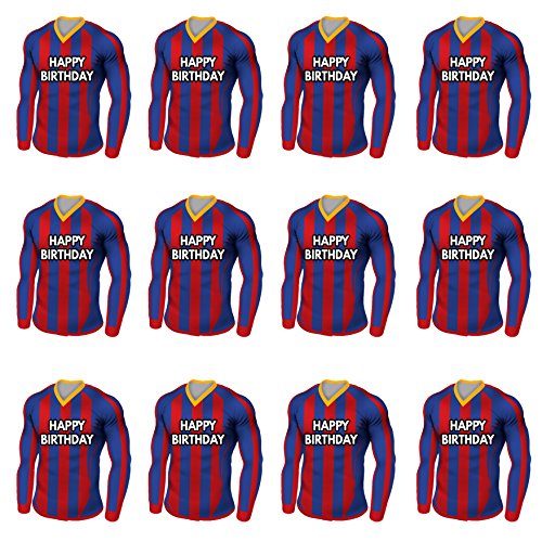 AK Giftshop - Comestibles de camisetas de fútbol para cupcakes o tartas de cumpleaños, diseño de rayas azules y rojas (12 unidades)
