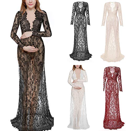 AKDSteel Vestido de embarazo para sesión de fotos de maternidad Fotografía Props Sexy V cuello vestido de encaje albaricoque XXL