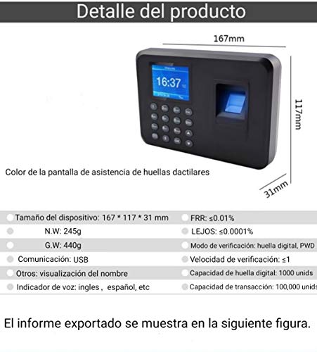 Aktivstar Máquina Fichar de Asistencia Biométrica de Huella Dactilar con Sistema Española Pantalla LCD Memoria de 8GB, con Capacidad de 1000 Huellas de fichar