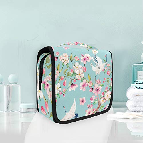 ALARGE - Bolsa de aseo colgante para acuarela, diseño floral japonés, grúa, grande, portátil, para viajes, cosméticos, organizador de maquillaje, para mujeres y hombres