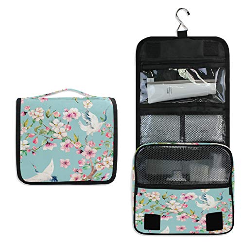 ALARGE - Bolsa de aseo colgante para acuarela, diseño floral japonés, grúa, grande, portátil, para viajes, cosméticos, organizador de maquillaje, para mujeres y hombres