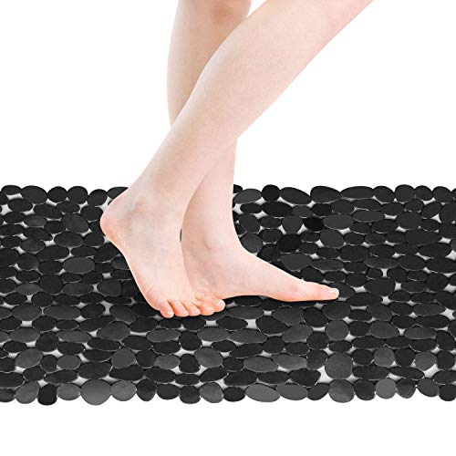 Alfombra de Bañera Antideslizante Alfombrilla de Baño Piedra Alfombra para Ducha con Ventosas para Cocina Niños Ancianos, Resistentes al Moho, Antibacterial, Lavable a Máquina, Larga 88 x 40cm Negro