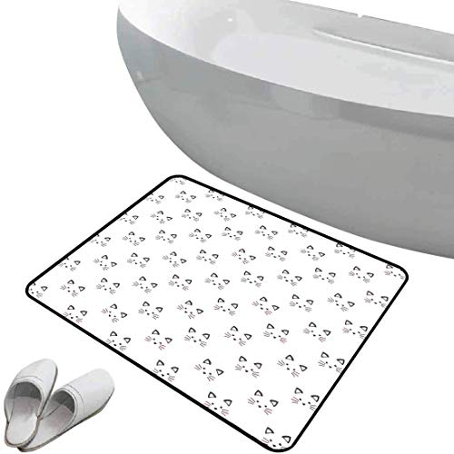 Alfombra de baño antideslizante de felpudo Gatito Alfombrilla goma antideslizante Esbozo de una cara de gato ruborizada con bigotes dibujados a mano de estilo de dibujos animados,color rosa pálido gri