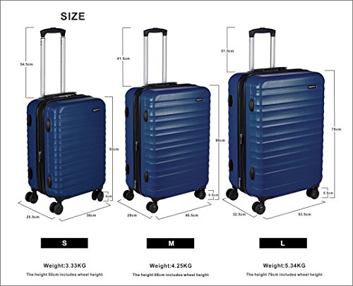 AmazonBasics - Maleta de viaje rígidaa giratoria - Juego de 3 piezas ( 55 cm, 68 cm, 78 cm), Azul marino