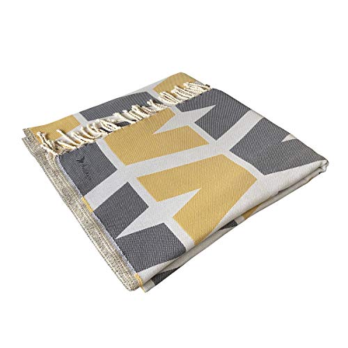 Amiaire Toalla de Playa XL Javea Amarilla & Gris - Toalla de Playa Gigante 100% algodón - Tamaño : 180 x 200 cm - Incluye Bolsa de Viaje - Secado rápido - Toalla de Playa fouta Doble