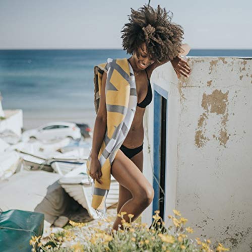 Amiaire Toalla de Playa XL Javea Amarilla & Gris - Toalla de Playa Gigante 100% algodón - Tamaño : 180 x 200 cm - Incluye Bolsa de Viaje - Secado rápido - Toalla de Playa fouta Doble