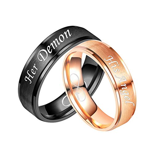 Amody 1 par Sus y Sus promesas Anillo de Acero Inoxidable Parejas de Compromiso de Boda Bandas Anillo Amor Infinito Grabado Her Demon y His Angel Mujeres tamaño 12 Hombres tamaño 12