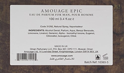 Amouage Epic eau de parfum Hombres 100 ml - Eau de parfum (Hombres, 100 ml, Myrtle, Mace, Azafrán, Comino, Cardamomo, Incienso u Olíbano, Nuez moscada, Pimienta rosa, Geranio, Mirra, Oud, Castoreum, Cedar (scent), Incienso u Olíbano, Cuero, Musk o almizcl