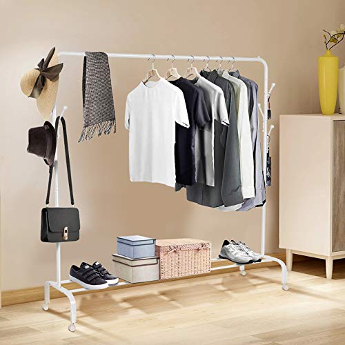 amzdeal Perchero de Pie, Perchero Burro Multifuncional Colgador Metálico para Ropa con 7 Ganchos y Estante, Cargable hasta 60 kg, 146 x 41 x 152cm, Blanco (146 x 41 x 152cm)