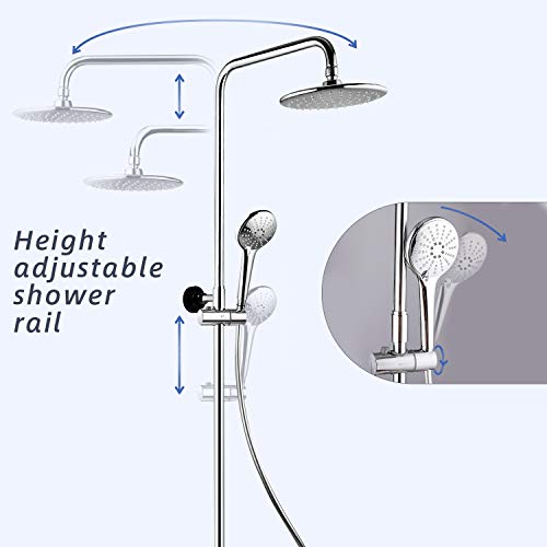 Amzdeal Sistema de ducha, Columna de Ducha de pared, Set de Ducha para baño Acero Inoxidable, incluida ducha de mano con 3 funciones, ducha fija, Barra de Ducha, Dos mangueras de PVC/S-02