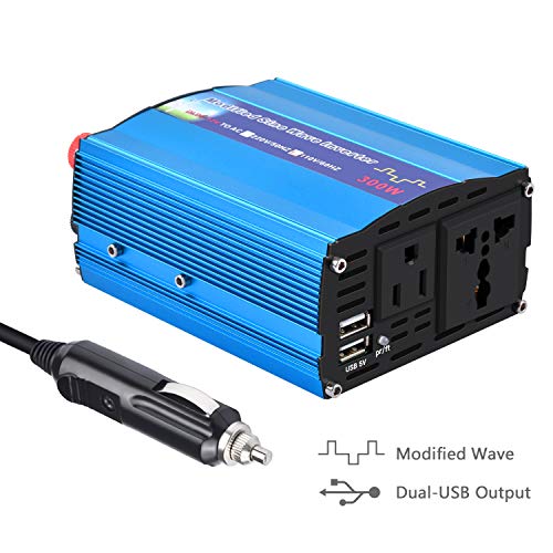 Amzyigou Inversor De Corriente 300W para Coche,Transformador De 12v A 220v, Inversor con 1 Toma Enchufe Y 2 Puertos USB De 3,1 para iPhone, iPad Y Tableta