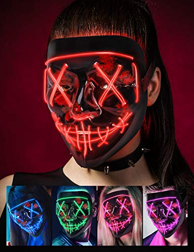 AnanBros Mascara LED Halloween, la Purga Mascara LED, Halloween Purge Mask 3 Modos de Iluminación, Brilla en la Oscuridad Mascara la Purga LED para Fiestas de Disfraces Cosplay Carnaval - Rojo
