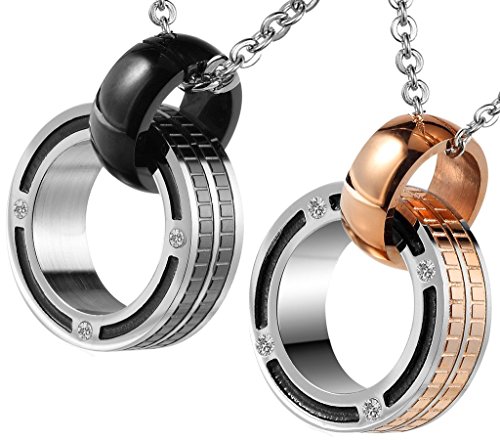 AnazoZ Acero Inoxidable Collar con CZ Rosa Doble Anillos Linked con Cadena al Azar Pareja Negro Oro