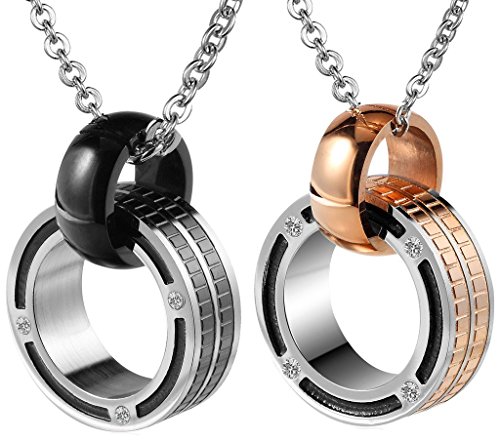AnazoZ Acero Inoxidable Collar con CZ Rosa Doble Anillos Linked con Cadena al Azar Pareja Negro Oro