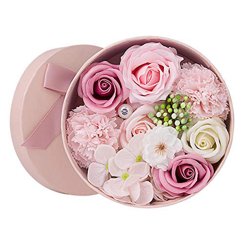 ANBET Artificial Flowers with Pink Round Gift Box Fake Rose Carnation Bouquets Women Gift for Valentine's Day, Mother's Day, Wedding, Home Décor (Pink, 16.5x8cm)