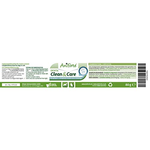 AniForte Denta Clean and Care Powder para Perros y Gatos 80g - Producto Natural para el Cuidado de los Dientes. Dientes Blancos, Aliento Fresco, Prevención de Placa, cuidado dental, polvo de dientes