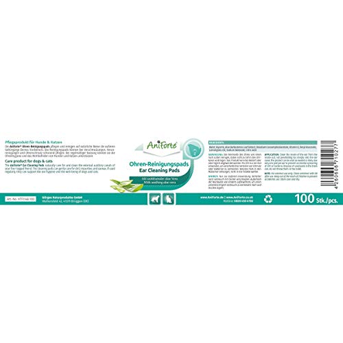 AniForte Ear Cleaning Pads Perros y Gatos (100 Unidades) - toallitas limpiadoras Extra Suaves, toallitas húmedas para la higiene de los oídos, Cuidado Suave de los oídos
