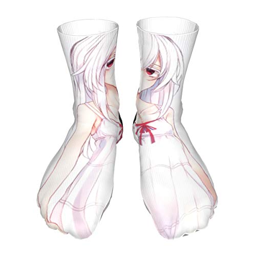 Anime Girls Long Haird RESS White Background White Hair Look Men's Cushion Crew Socks Athletic Running Socks Men Cotton