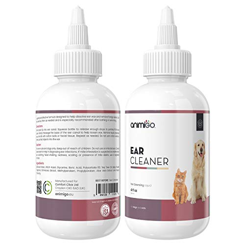 Animigo Limpiador de Oídos para Gatos y Perros | Limpiador Higiénico en Gotas para Limpiar Oídos y Orejas | Sin Alcohol y No Irritante | Aceite de Árbol de Té, Equinácea y Aloe Vera | 118ml