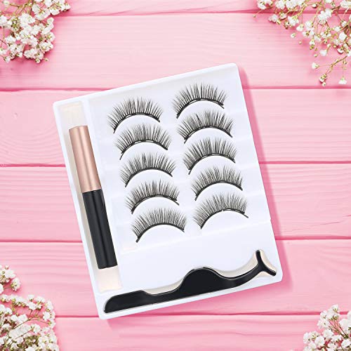 Anself 5 Pares Pestañas Postizas con Delineador de Ojos, Pestañas Postizas Magnéticas Naturales y Reutilizables con Delineador Impermeable + Pinzas