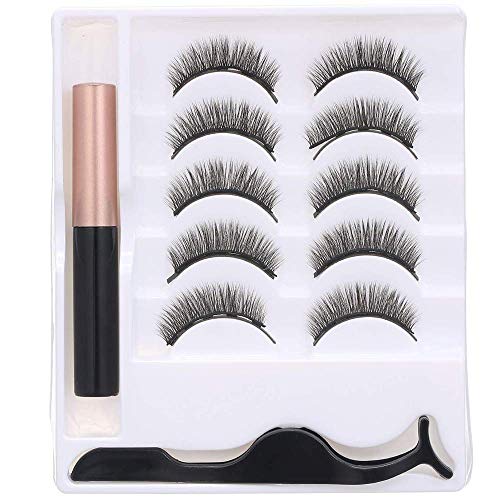 Anself 5 Pares Pestañas Postizas con Delineador de Ojos, Pestañas Postizas Magnéticas Naturales y Reutilizables con Delineador Impermeable + Pinzas