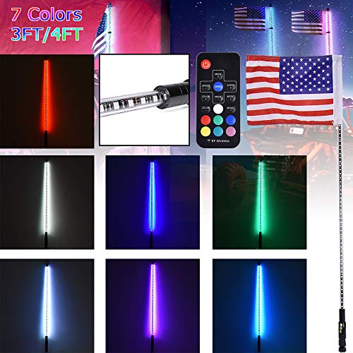 Antena de látigo LED RGB iluminada de 3 pies y 4 pies con bandera y control remoto para Polaris RZR ATV Antena de látigo UTV Quad Sand Dune Buggy Flag Poles para camiones (3FT)
