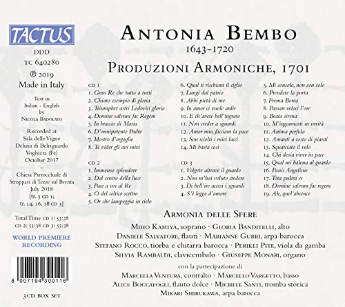 Antonia Bembo : Produzioni Armoniche, 1701. Ensemble Armonia delle Sfere.