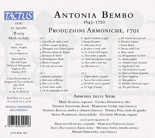 Antonia Bembo : Produzioni Armoniche, 1701. Ensemble Armonia delle Sfere.
