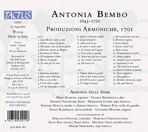 Antonia Bembo : Produzioni Armoniche, 1701. Ensemble Armonia delle Sfere.