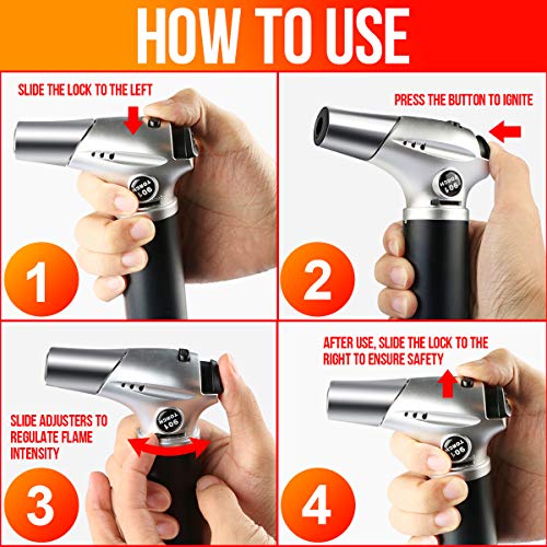 Antorcha de Cocina, RenFox Soplete de Cocina Profesional Antorcha Butano Encendedor Culinario Mini Soplete de Gas Recargable con Cerradura de Seguridad y Llama Ajustable para Brulée Crema, Cámping