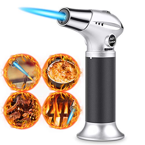 Antorcha de Cocina, RenFox Soplete de Cocina Profesional Antorcha Butano Encendedor Culinario Mini Soplete de Gas Recargable con Cerradura de Seguridad y Llama Ajustable para Brulée Crema, Cámping