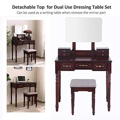 ANWBROAD Tocador Mesa de Maquillaje Belleza Tocador con taburete y espejo de niñas Espejo sin Marco Taburete de Madera de Goma, con 7 cajones, 3 divisores para Dormitorio Vestidor marrón BDT03Z