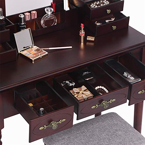 ANWBROAD Tocador Mesa de Maquillaje Belleza Tocador con taburete y espejo de niñas Espejo sin Marco Taburete de Madera de Goma, con 7 cajones, 3 divisores para Dormitorio Vestidor marrón BDT03Z