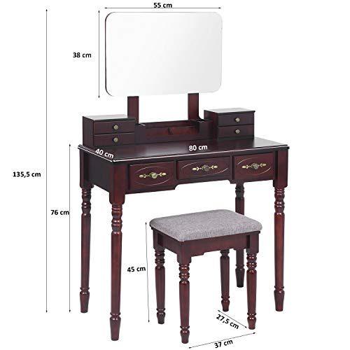 ANWBROAD Tocador Mesa de Maquillaje Belleza Tocador con taburete y espejo de niñas Espejo sin Marco Taburete de Madera de Goma, con 7 cajones, 3 divisores para Dormitorio Vestidor marrón BDT03Z