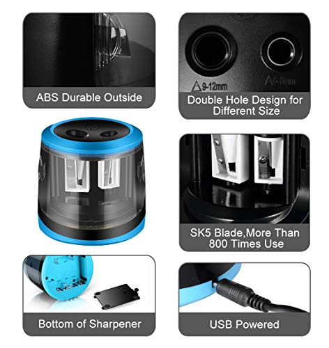 AOBETAK Sacapuntas Eléctrico, USB y Batería de Alimentación, 2 Agujeros, Resistente Sacapuntas Electrónico Automático con Gran Contenedor para Lápices de Colores y n.º 2, Hogar y Oficina (Blue)
