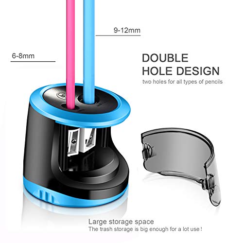 AOBETAK Sacapuntas Eléctrico, USB y Batería de Alimentación, 2 Agujeros, Resistente Sacapuntas Electrónico Automático con Gran Contenedor para Lápices de Colores y n.º 2, Hogar y Oficina (Blue)