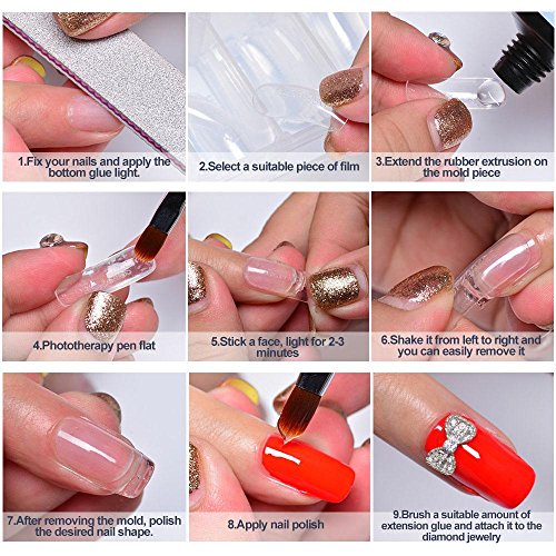 AOLVO Nuevo Kit de Gel de uñas Poly, Kit de Prueba de Gel de uñas Poly Que Incluye Puntas acrílicas, Clips, brocha, Lima, Gel de uñas y espátula, Kit de construcción de Gel de uñas Poly