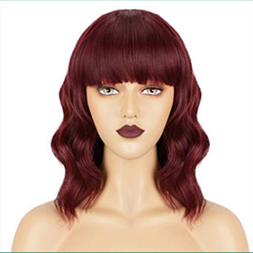AOMOSA Pelucas de Bob corto pelucas elegantes de Bob rizado de Color rojo vino con flequillo para mujeres negras, fibra natural resistente al calor de 16 "