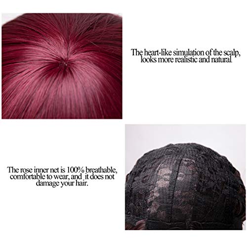 AOMOSA Pelucas de Bob corto pelucas elegantes de Bob rizado de Color rojo vino con flequillo para mujeres negras, fibra natural resistente al calor de 16 "